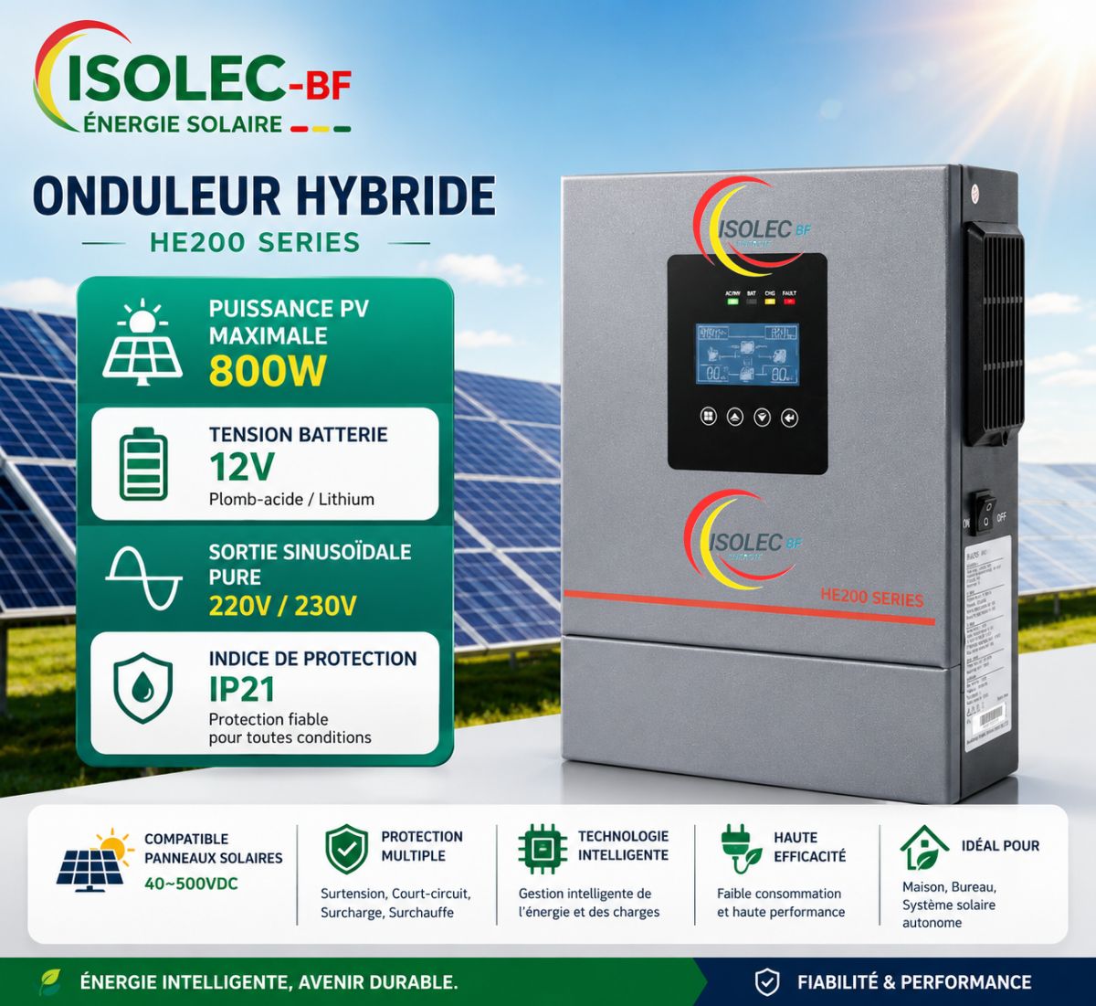 Onduleur hybride HE200-12v 1,2KW 1,5KVA