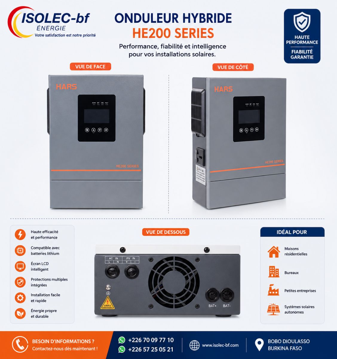 Onduleur hybride HE200-12v 1,2KW 1,5KVA 2