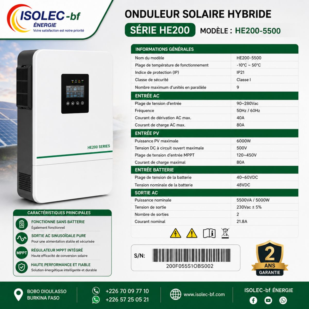 Onduleur hybride HE200-48V 5,5KW  6,5KVA FP 3