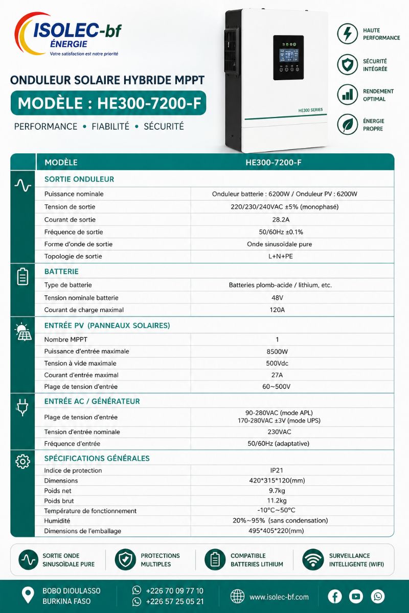 Onduleur hybride HE300-48V 6,2KW 7,2KVA 3