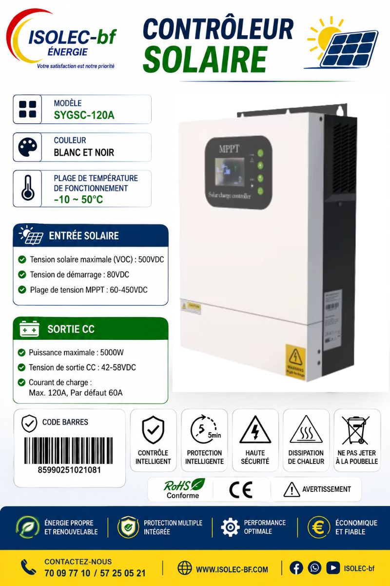 Régulateur solaire 120A 12-48V auto PV@480V   2
