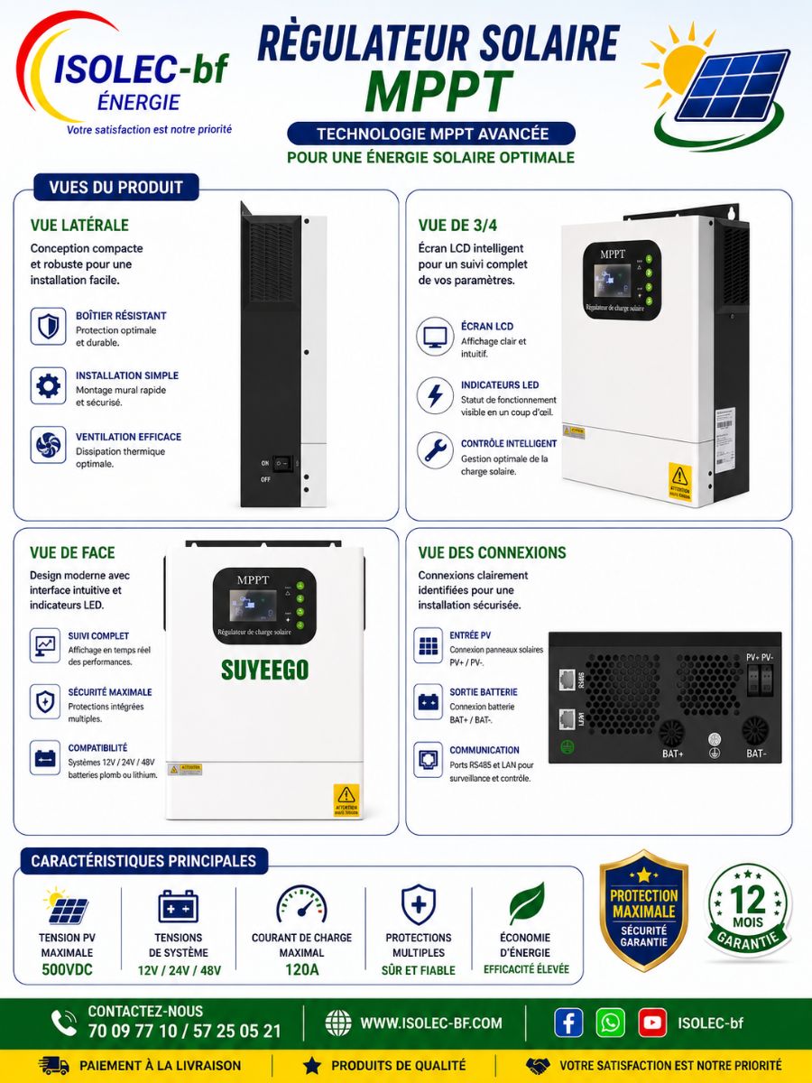 Régulateur solaire 120A 12-48V auto PV@480V   3