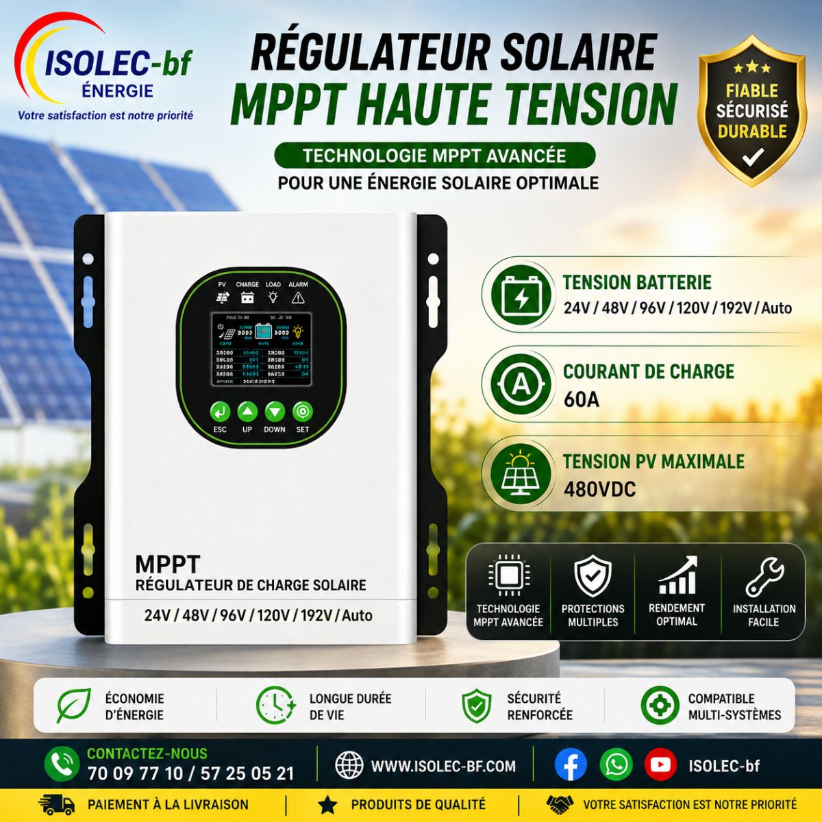 Régulateur solaire 60A 12-192V auto PV@480V
