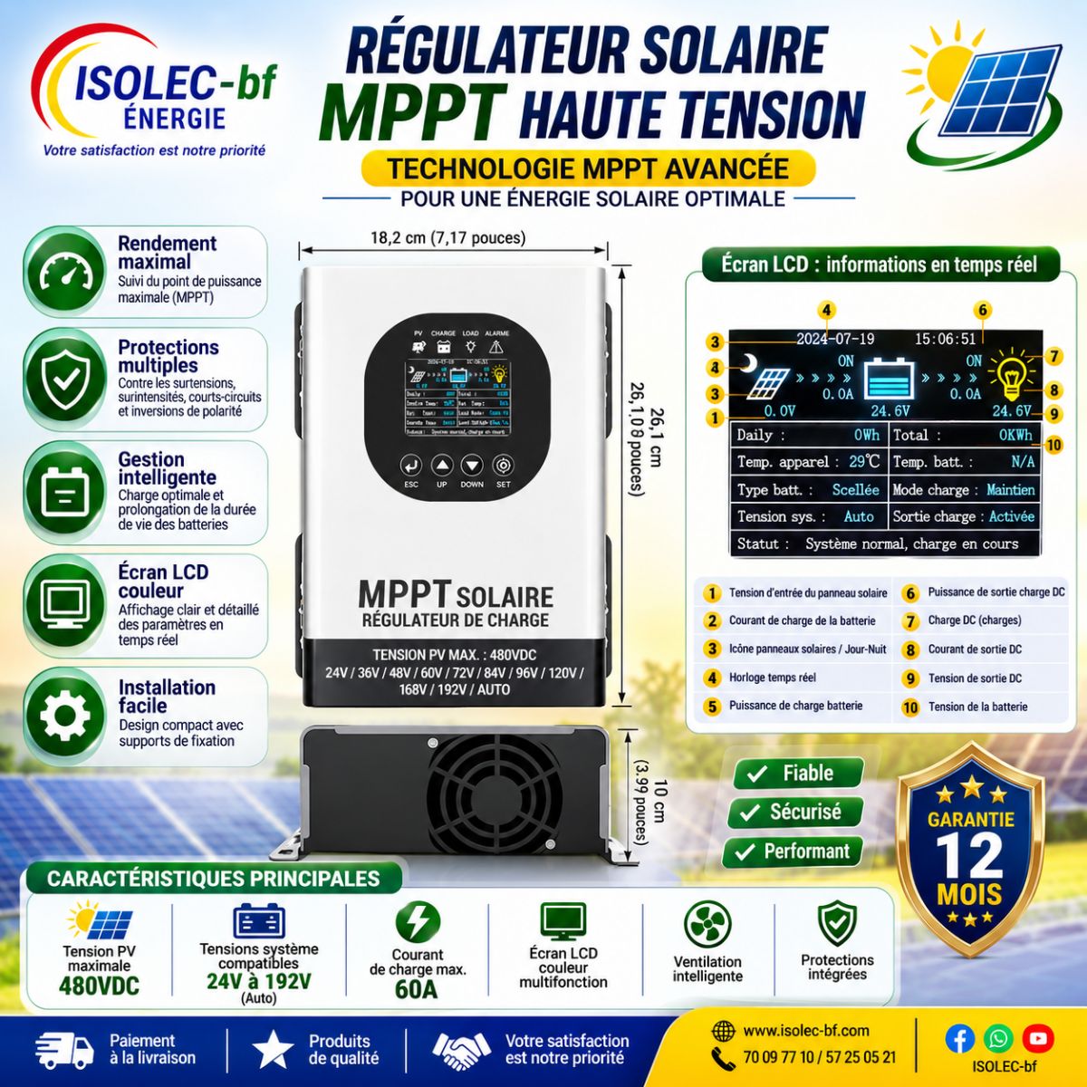 Régulateur solaire 60A 12-192V auto PV@480V   2