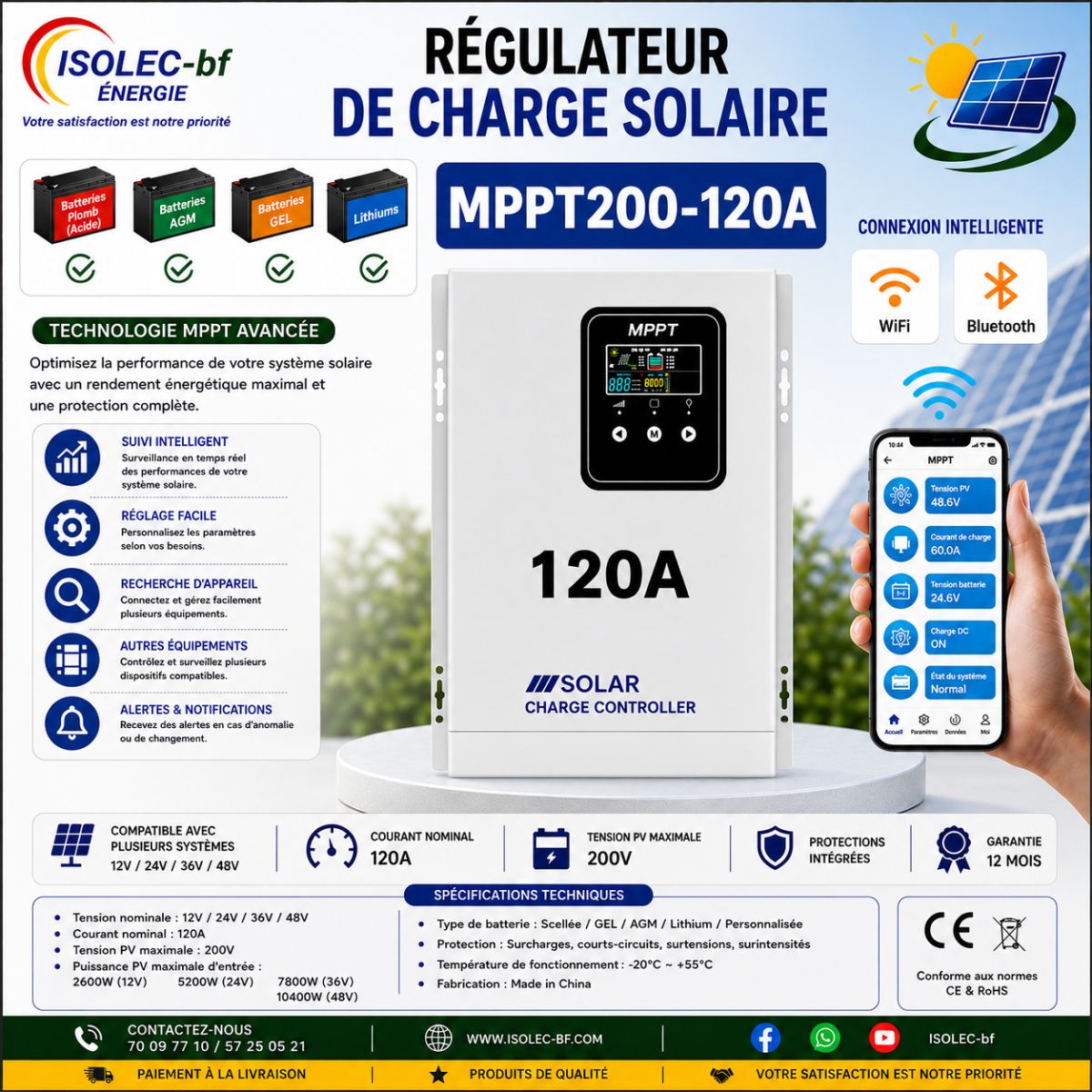 Régulateur solaire 120A 12-48V auto PV@200V