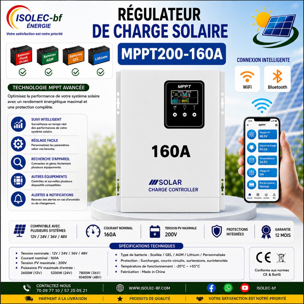 Régulateur solaire 160A 12-48V auto PV@200V