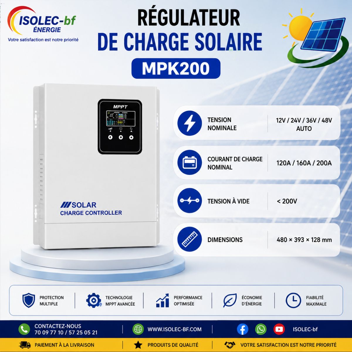 Régulateur solaire 200A 12-48V auto PV@200V