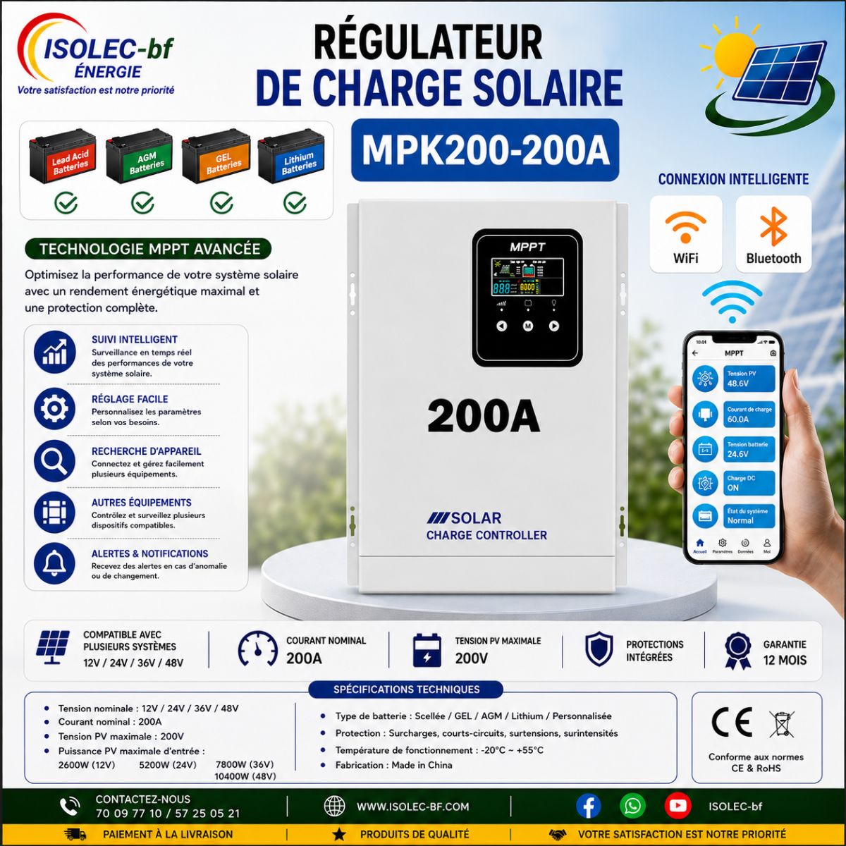 Régulateur solaire 200A 12-48V auto PV@200V  3