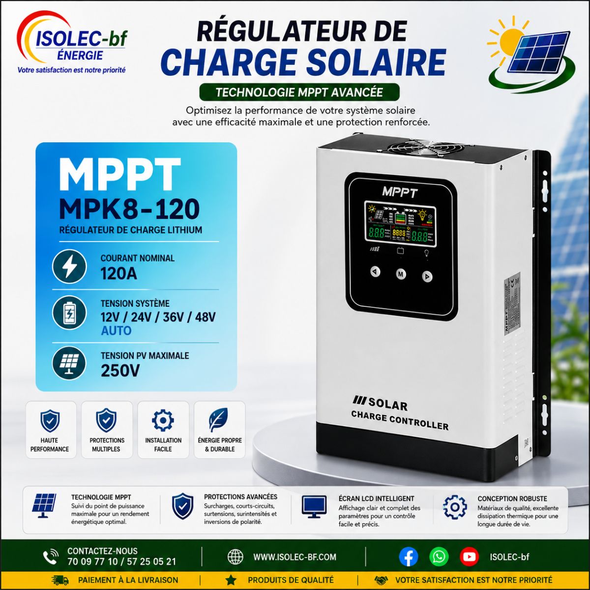 Régulateur solaire 120A 12-48V auto PV@250V