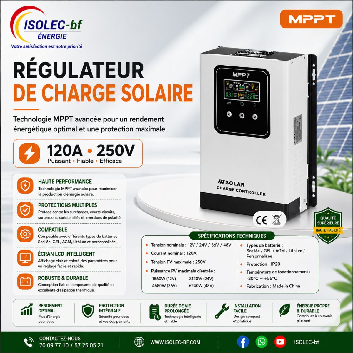 Régulateur solaire 120A 12-48V auto PV@250V  2