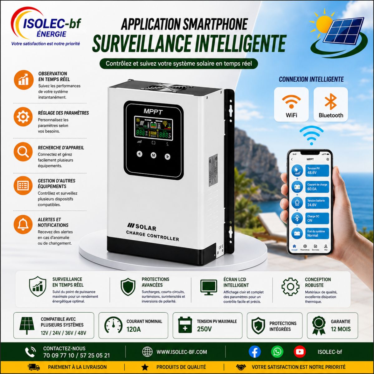 Régulateur solaire 60A 12-48V auto PV@250V