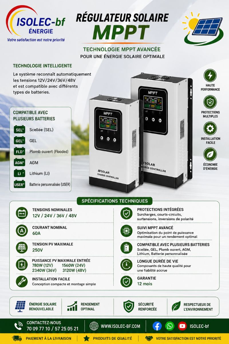 Régulateur solaire 60A 12-48V auto PV@250V 2