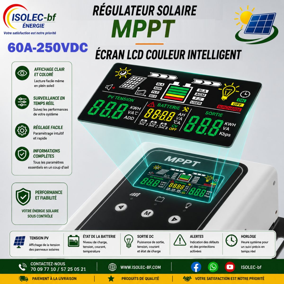 Régulateur solaire 60A 12-48V auto PV@250V 3