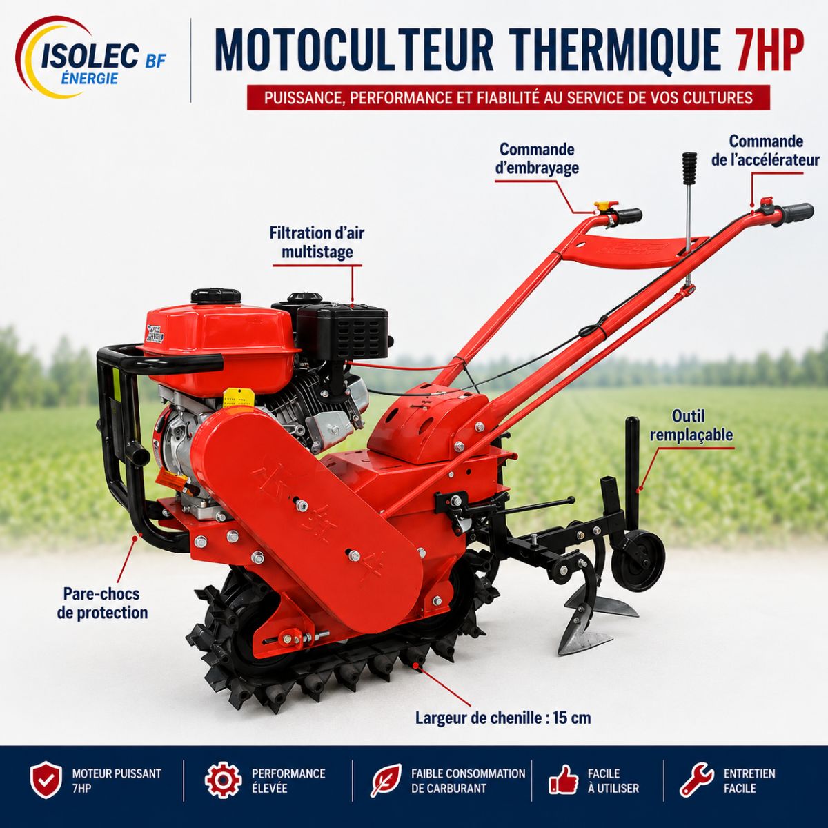 Motoculteur multifonction à essence 7CV +5 outils 2