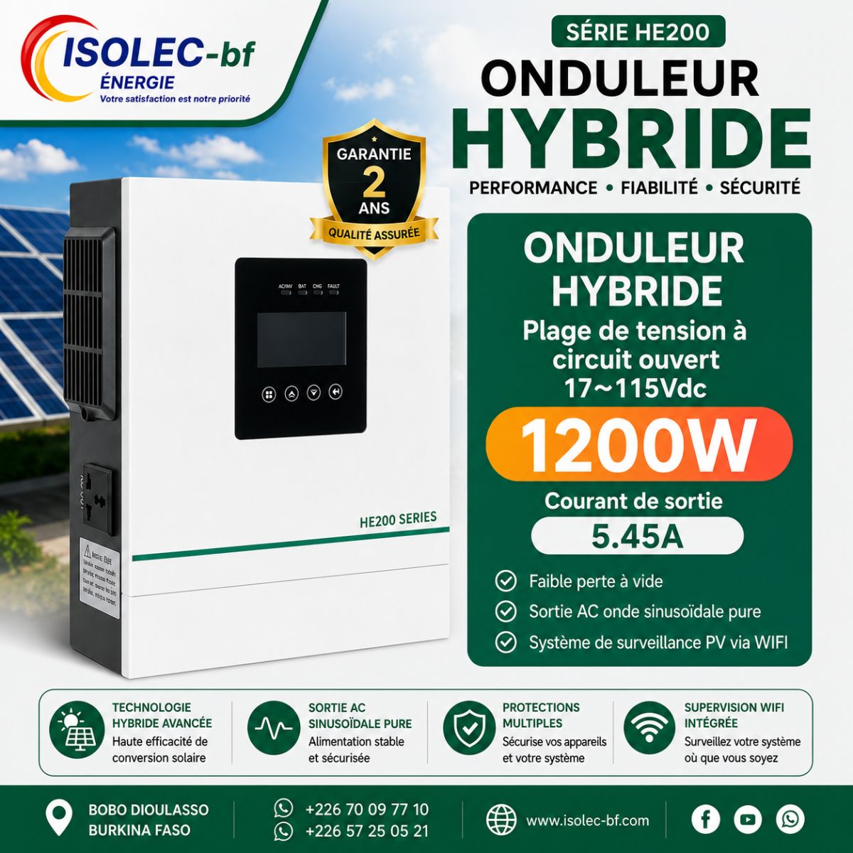 Onduleur hybride HE200-12v 1,2KW 1,5KVA 4