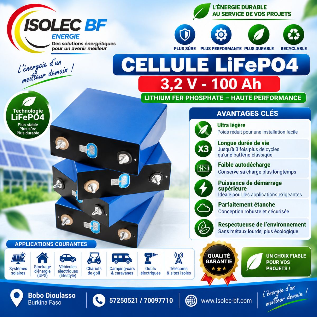 Cellule batterie lithium LiFePo4 3,2V 100Ah