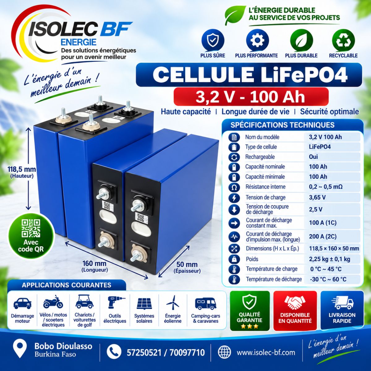 Cellule batterie lithium LiFePo4 3,2V 100Ah 2