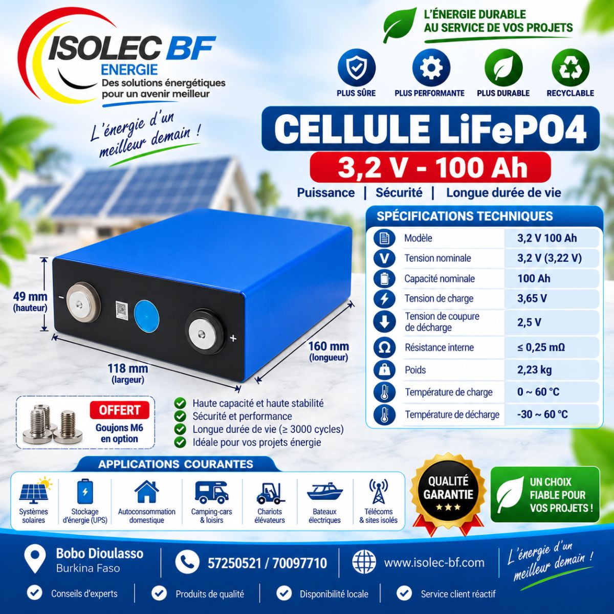 Cellule batterie lithium LiFePo4 3,2V 100Ah 3
