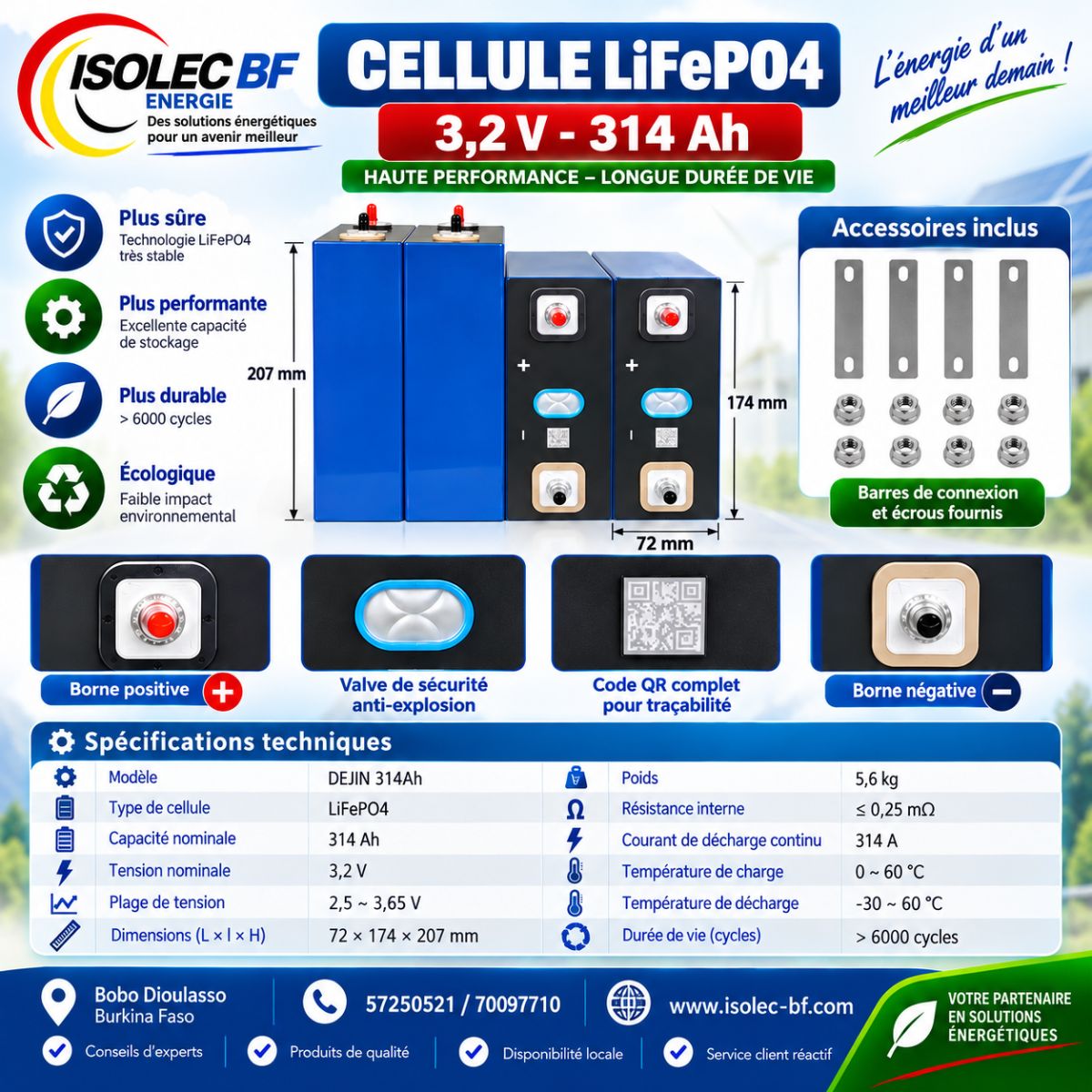 Cellule batterie lithium LiFePo4 3,2V 314Ah