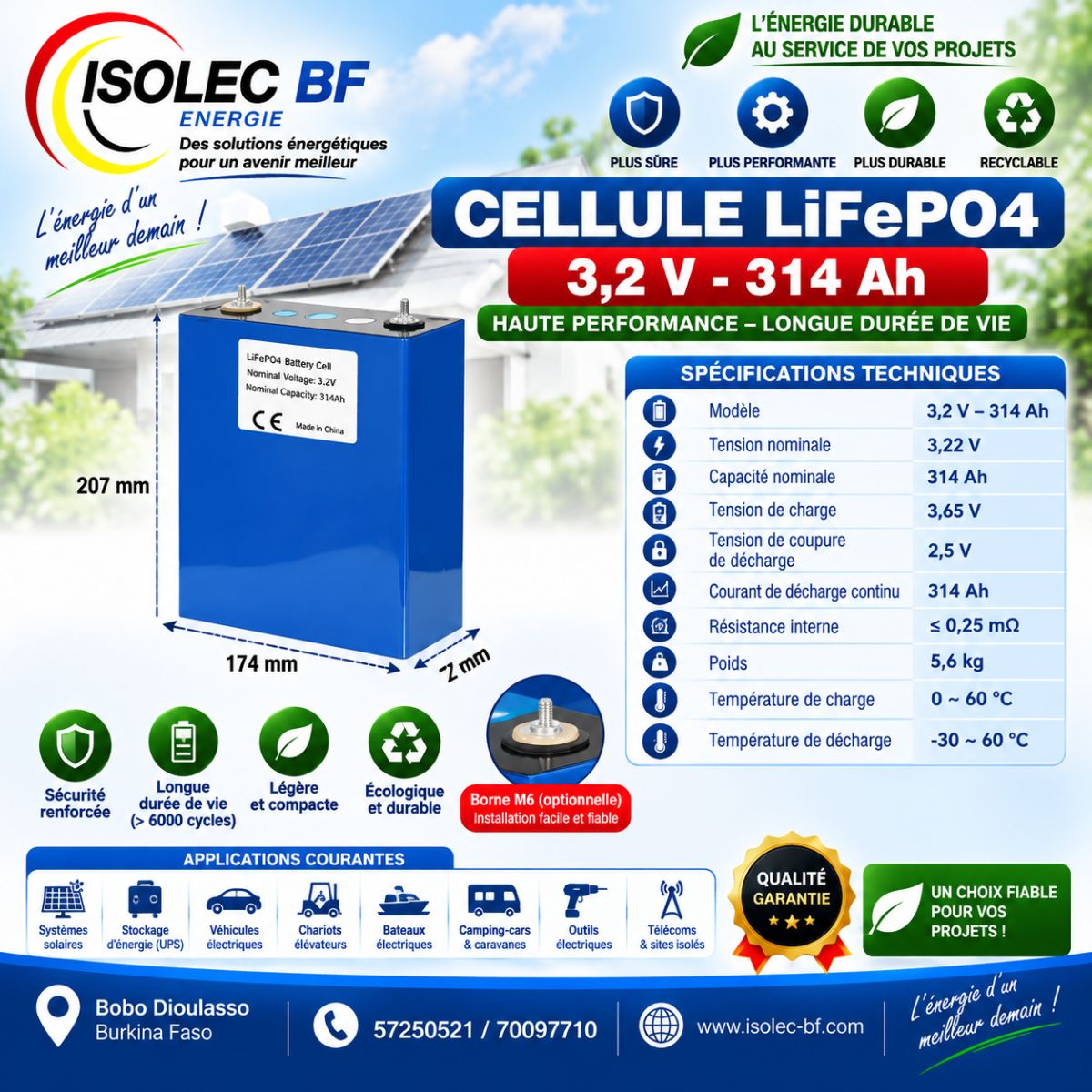 Cellule batterie lithium LiFePo4 3,2V 314Ah 2