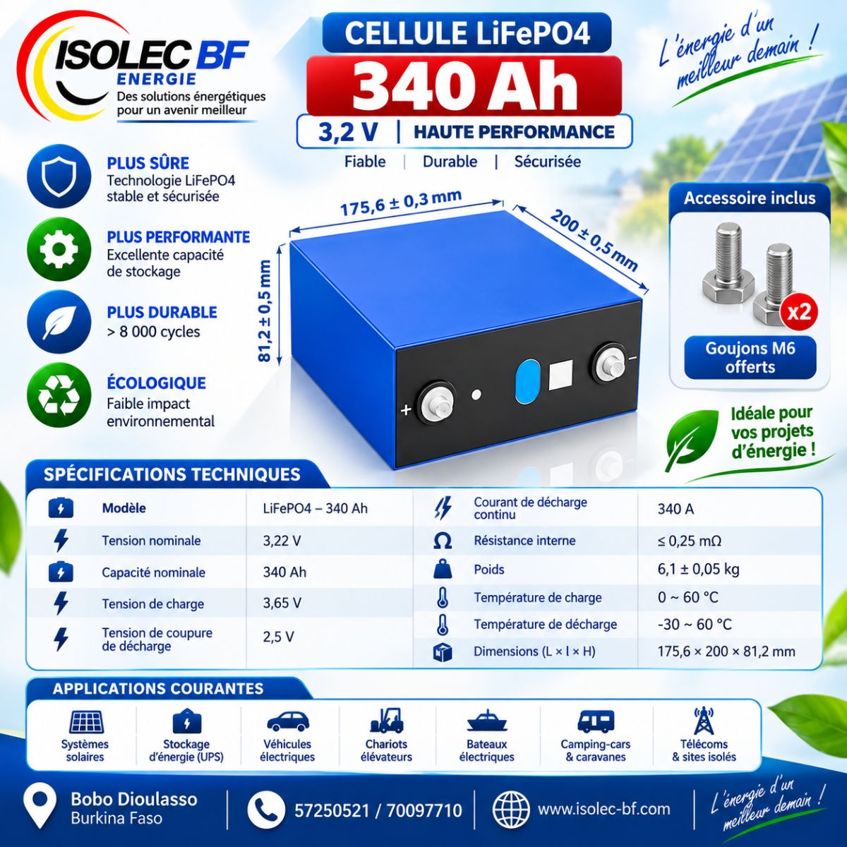 Cellule batterie lithium LiFePo4 3,2V 340Ah