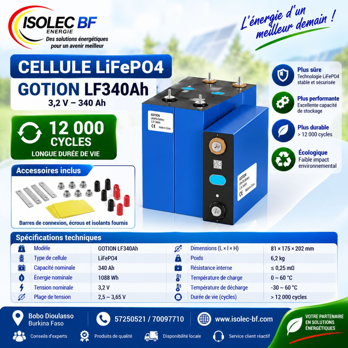 Cellule batterie lithium LiFePo4 3,2V 340Ah 2