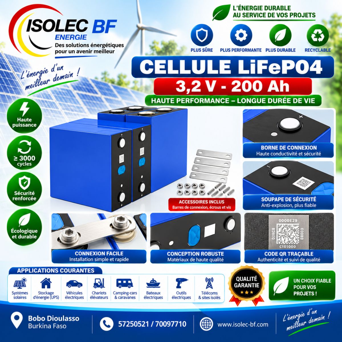 Cellule batterie lithium LiFePo4 3,2V 200Ah
