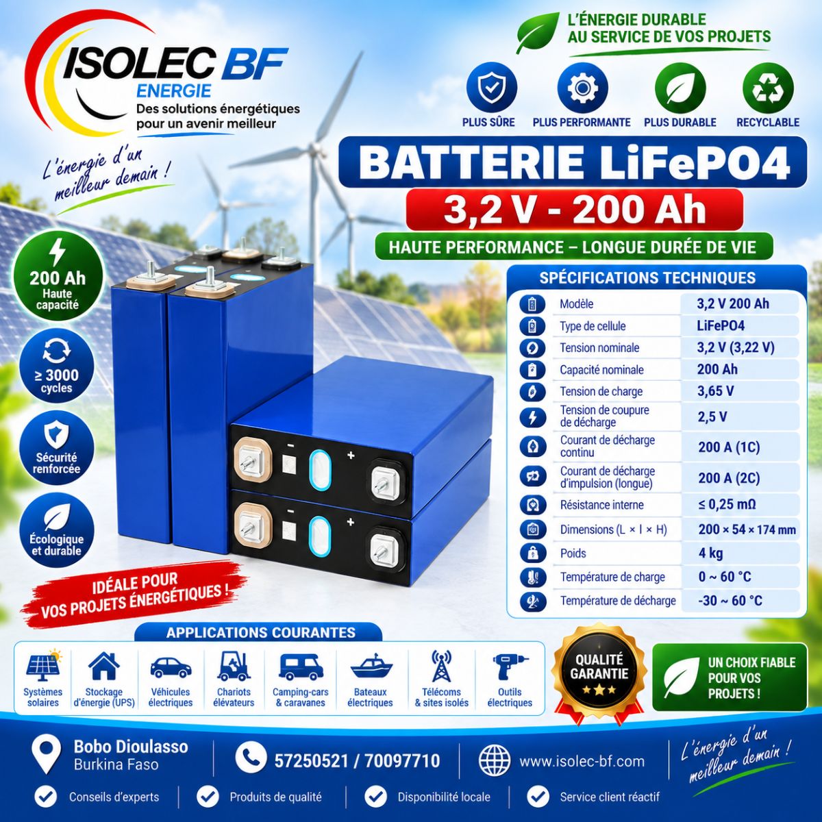 Cellule batterie lithium LiFePo4 3,2V 200Ah  3