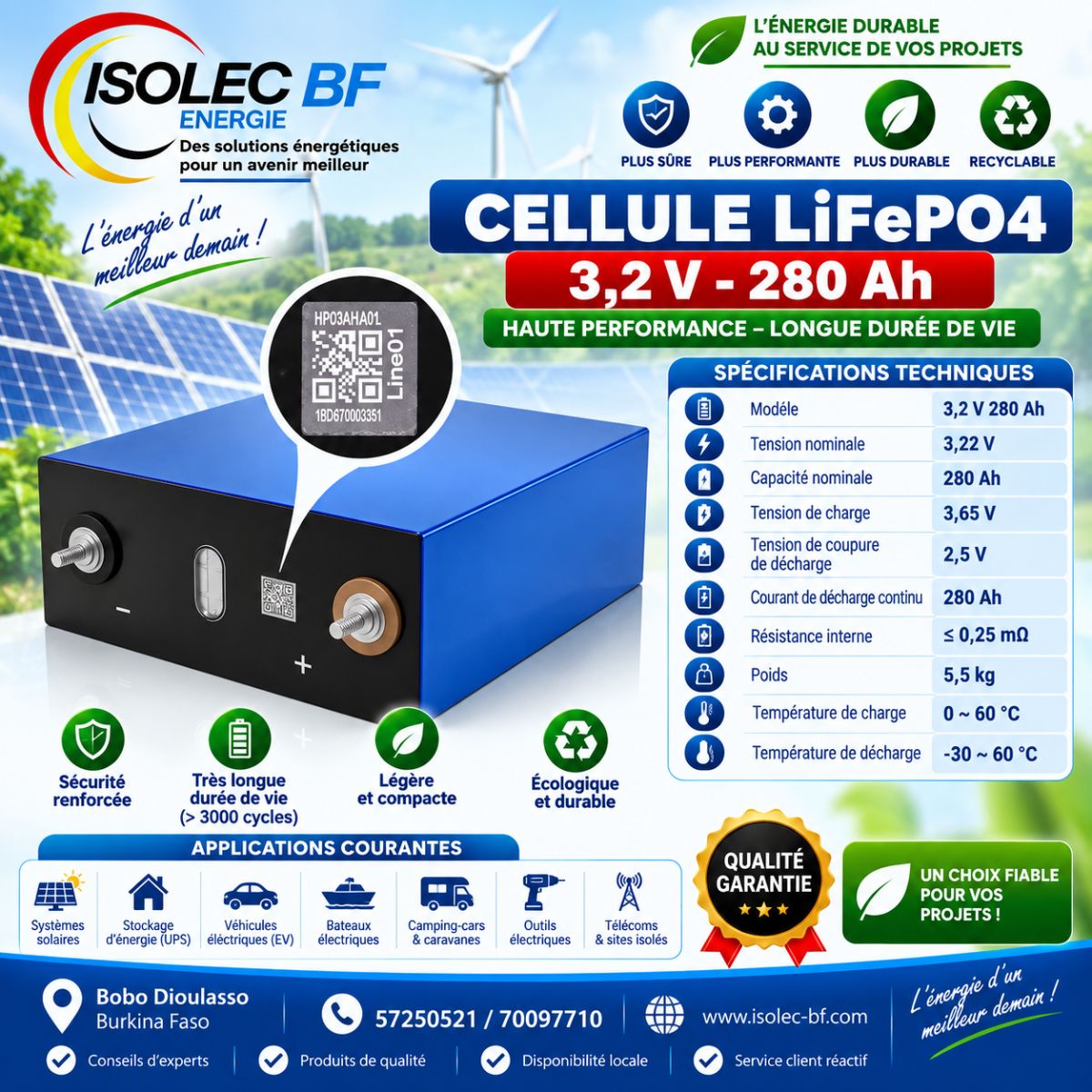 Cellule batterie lithium LiFePo4 3,2V 280Ah