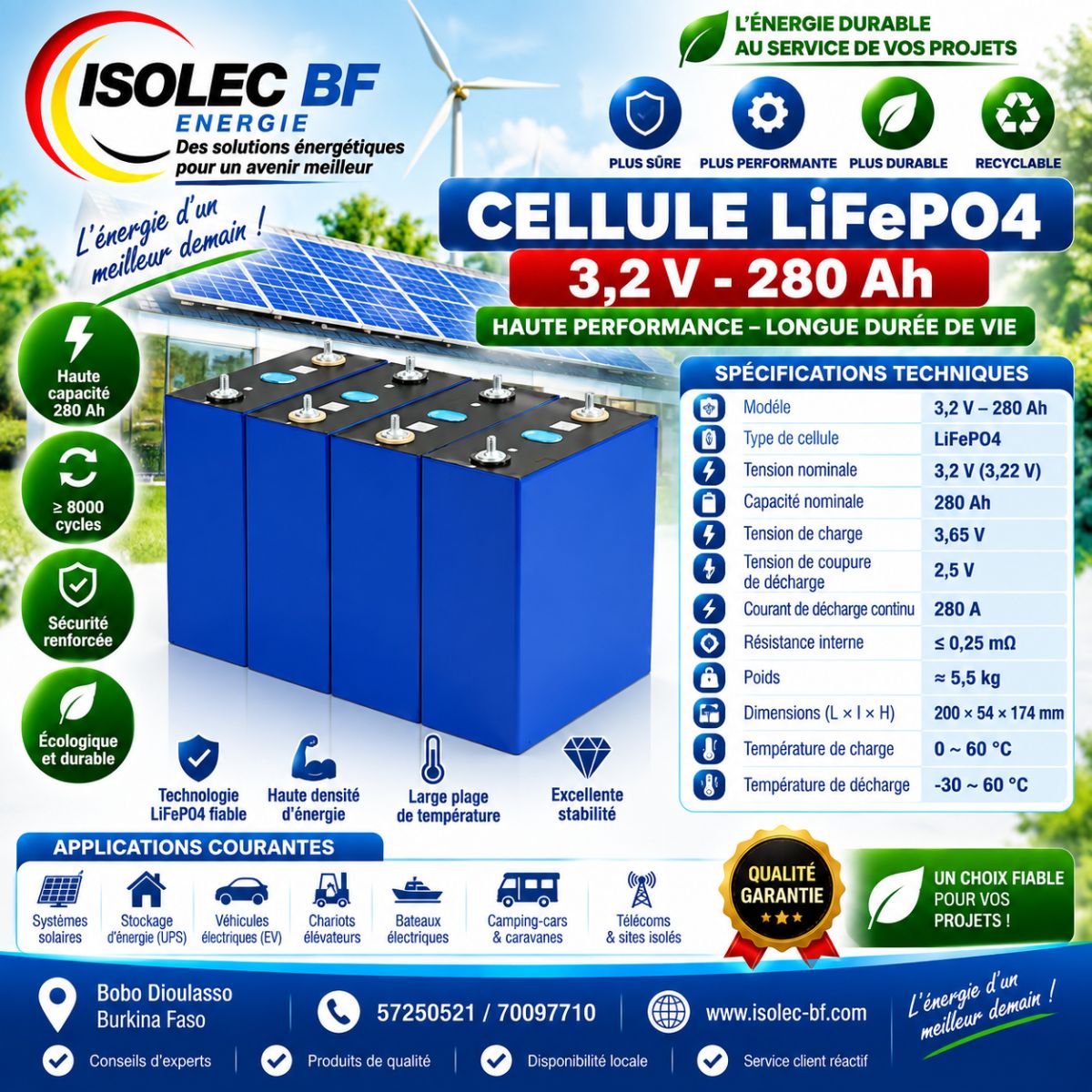 Cellule batterie lithium LiFePo4 3,2V 280Ah  3