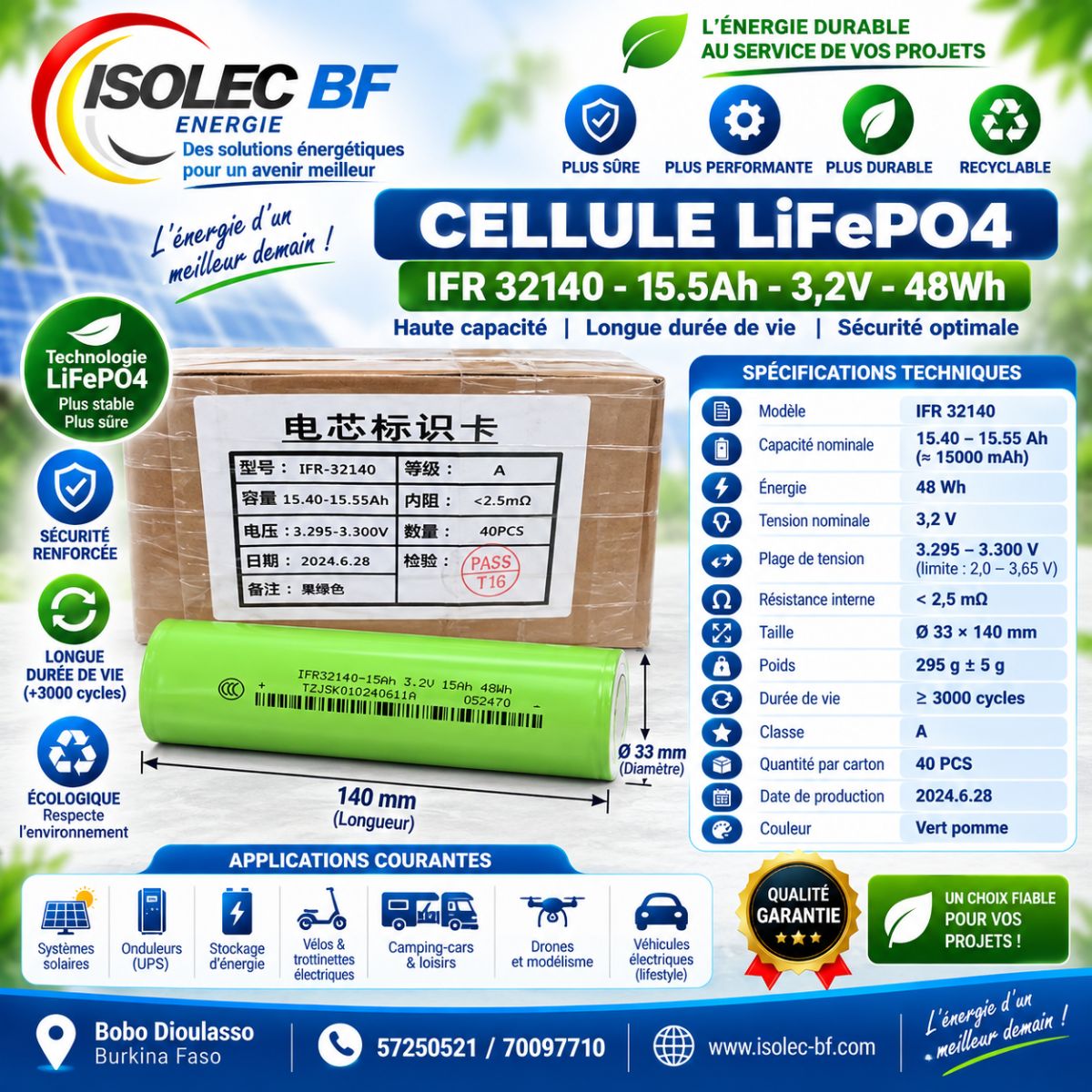 Cellule batterie lithium LiFePo4 3,2V 15Ah