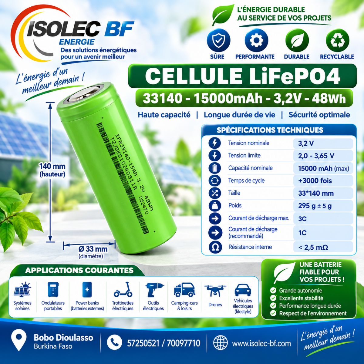 Cellule batterie lithium LiFePo4 3,2V 15Ah 2