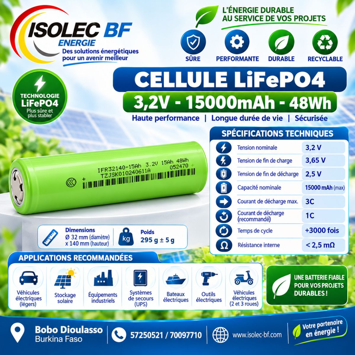 Cellule batterie lithium LiFePo4 3,2V 15Ah 3