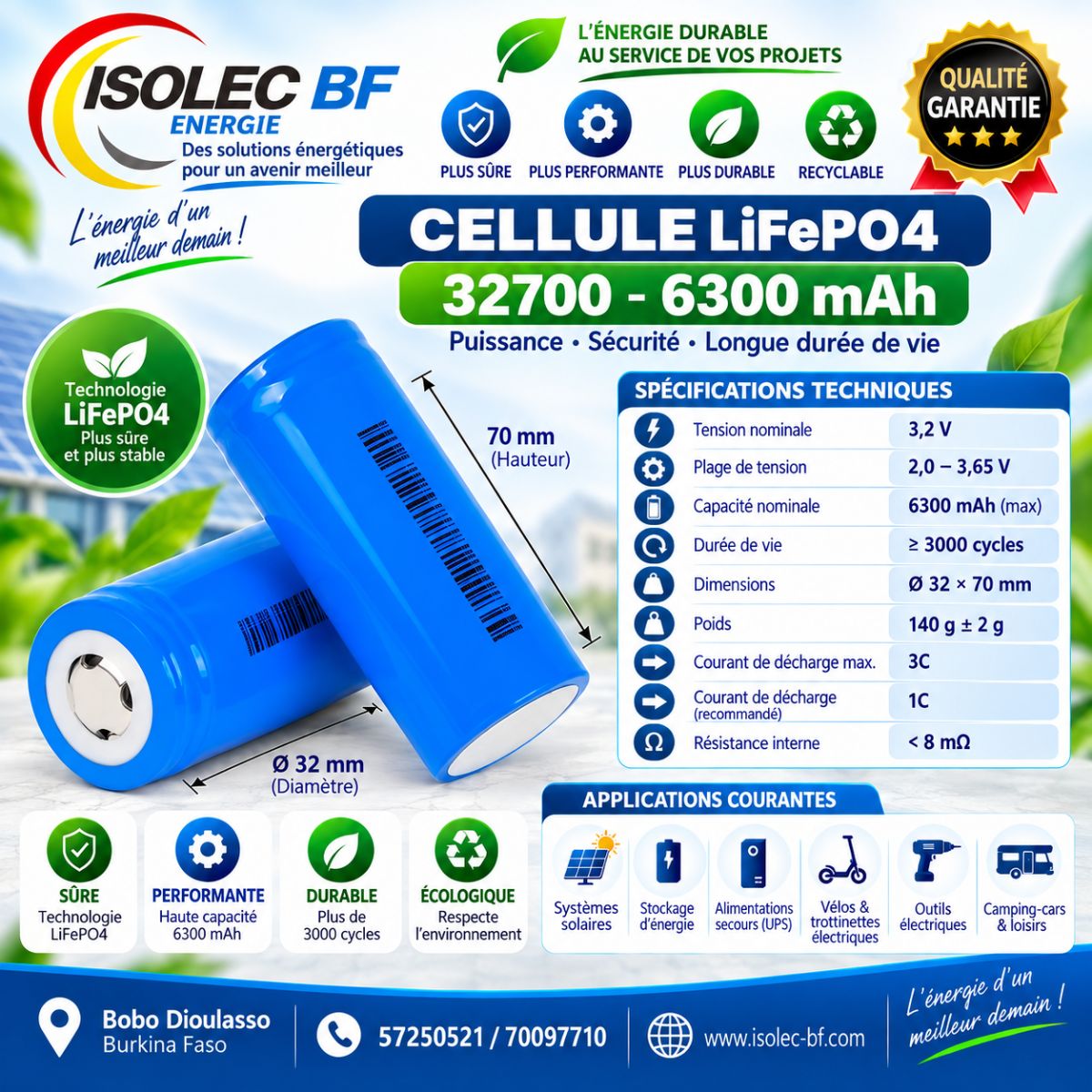 Cellule batterie lithium LiFePo4 3,2V 6300mAh
