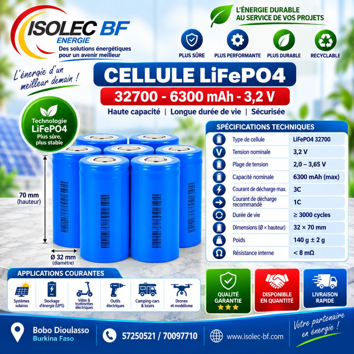 Cellule batterie lithium LiFePo4 3,2V 6300mAh  3