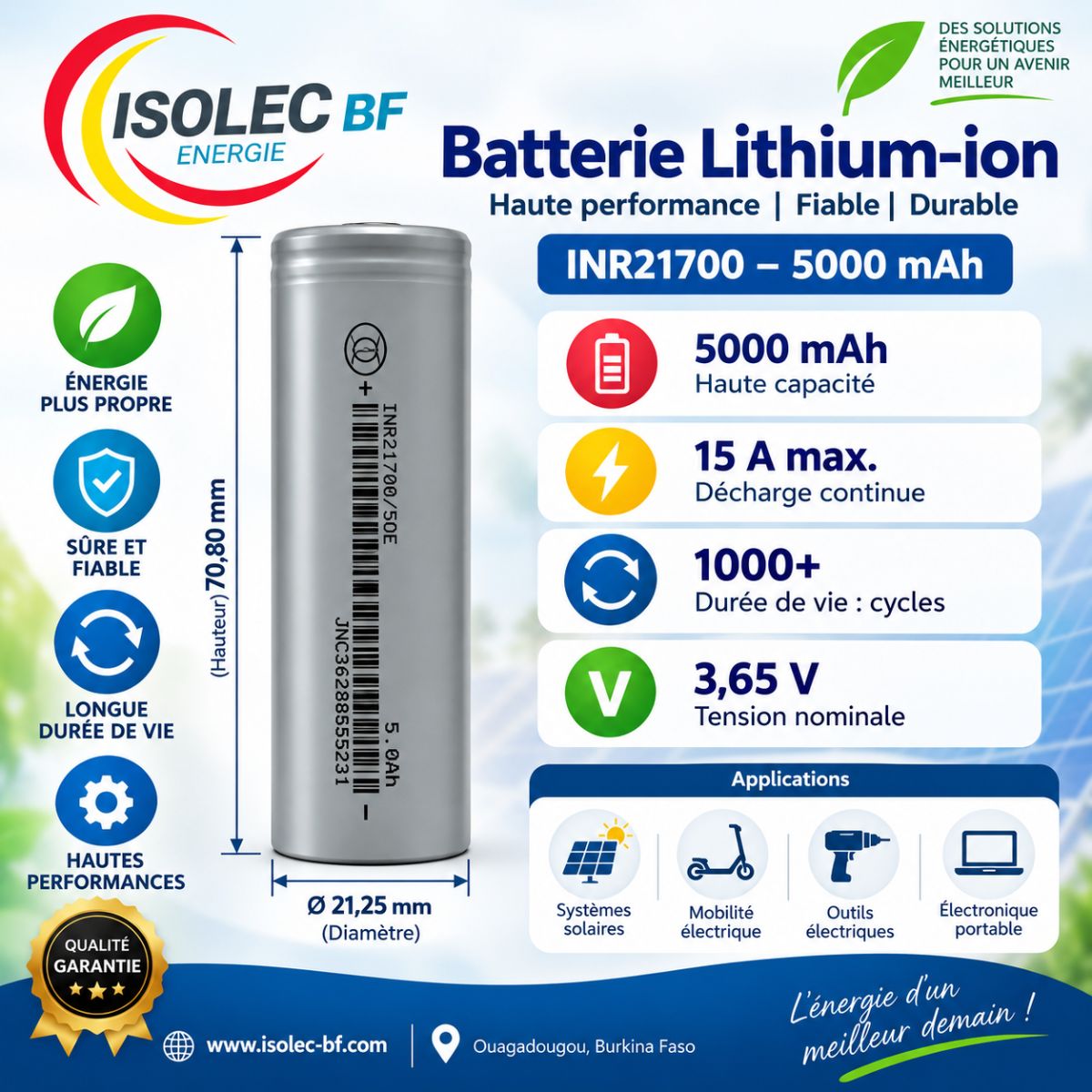Cellule batterie lithium ion cylindrique 21700 3,6V 5000mAh