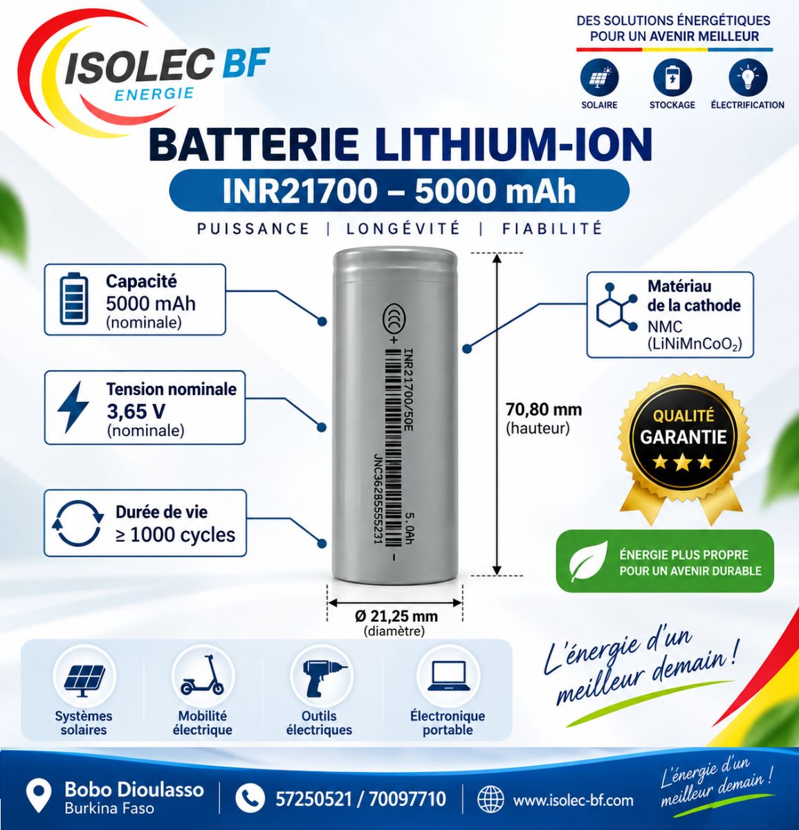 Cellule  batterie lithium ion cylindrique  21700 3,6V 5000mAh  2