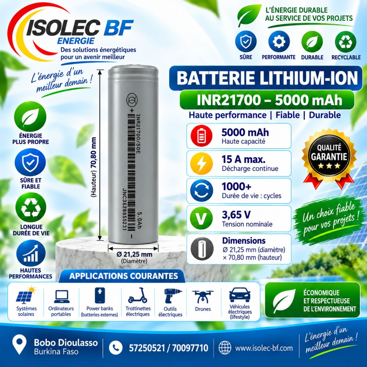 Cellule  batterie lithium ion cylindrique  21700 3,6V 5000mAh  3