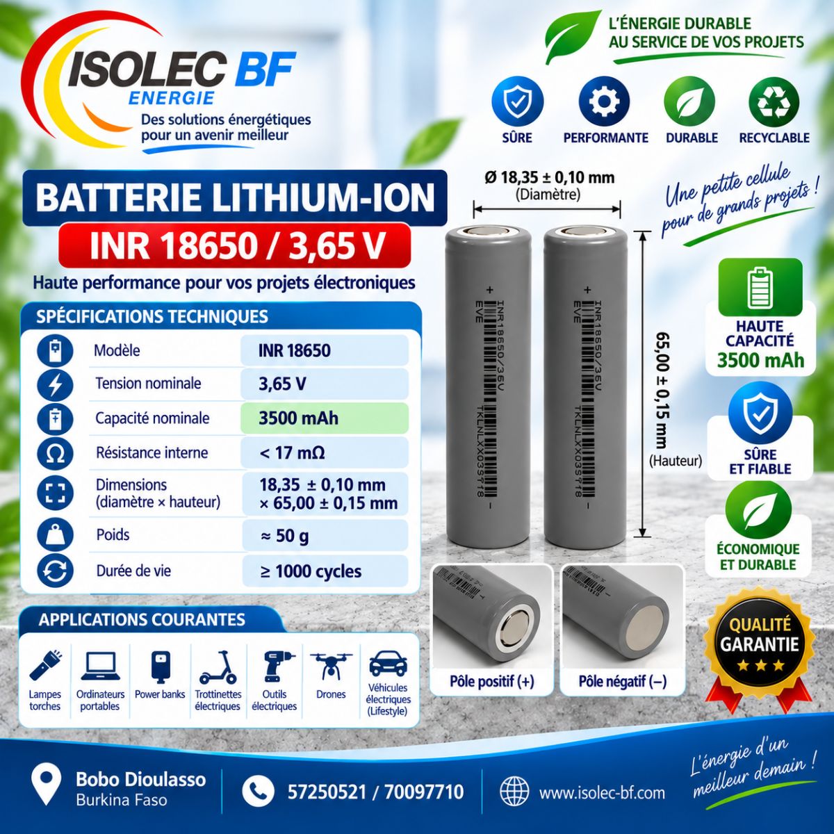 Cellule batterie lithium ion cylindrique EVE 18650 3,6V 3500mAh