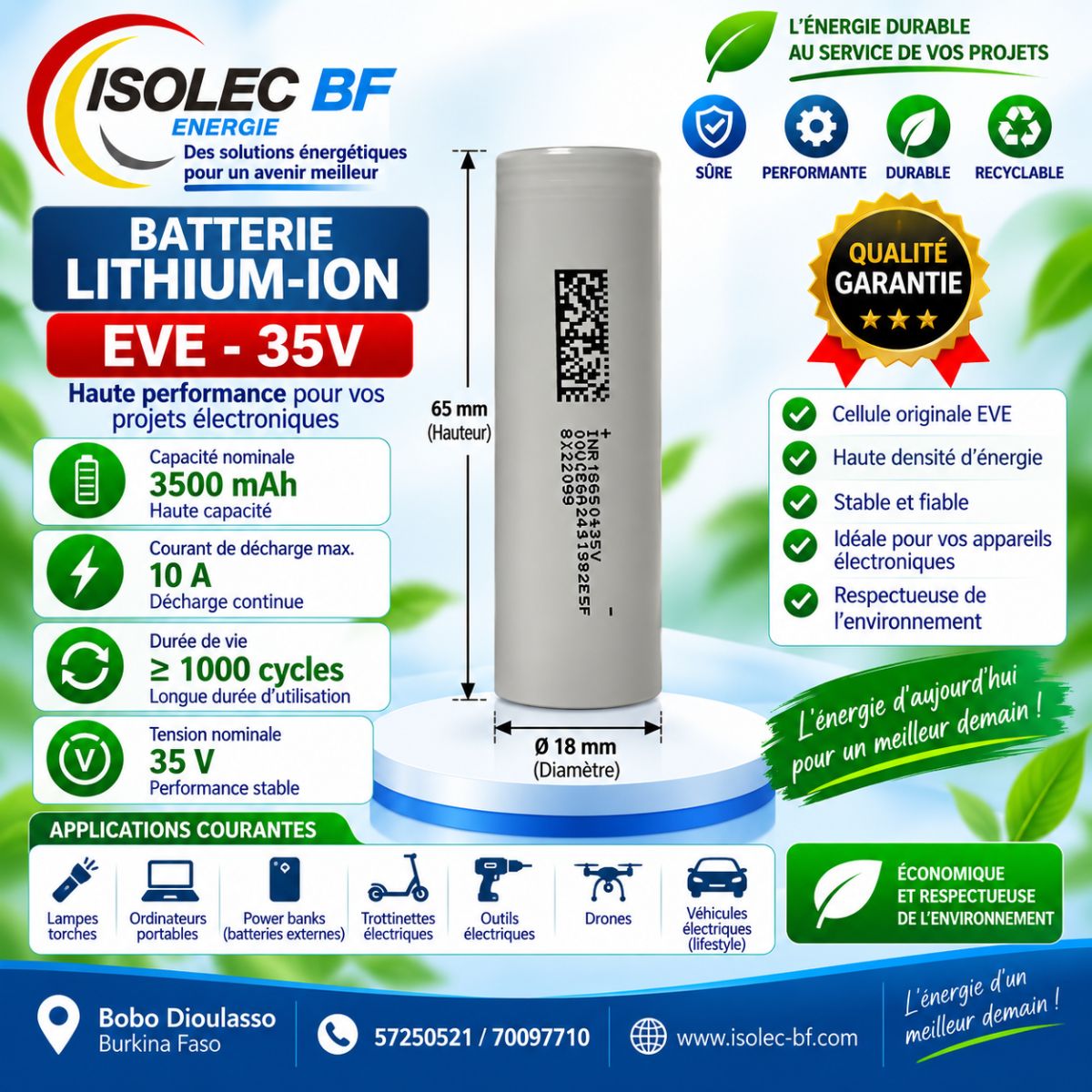 Cellule  batterie lithium ion cylindrique EVE 18650 3,6V 3500mAh  3