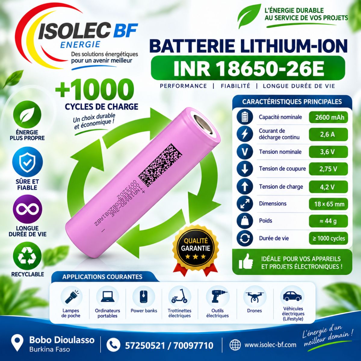 Cellule batterie lithium ion cylindrique 18650 3,6V 2600mAh