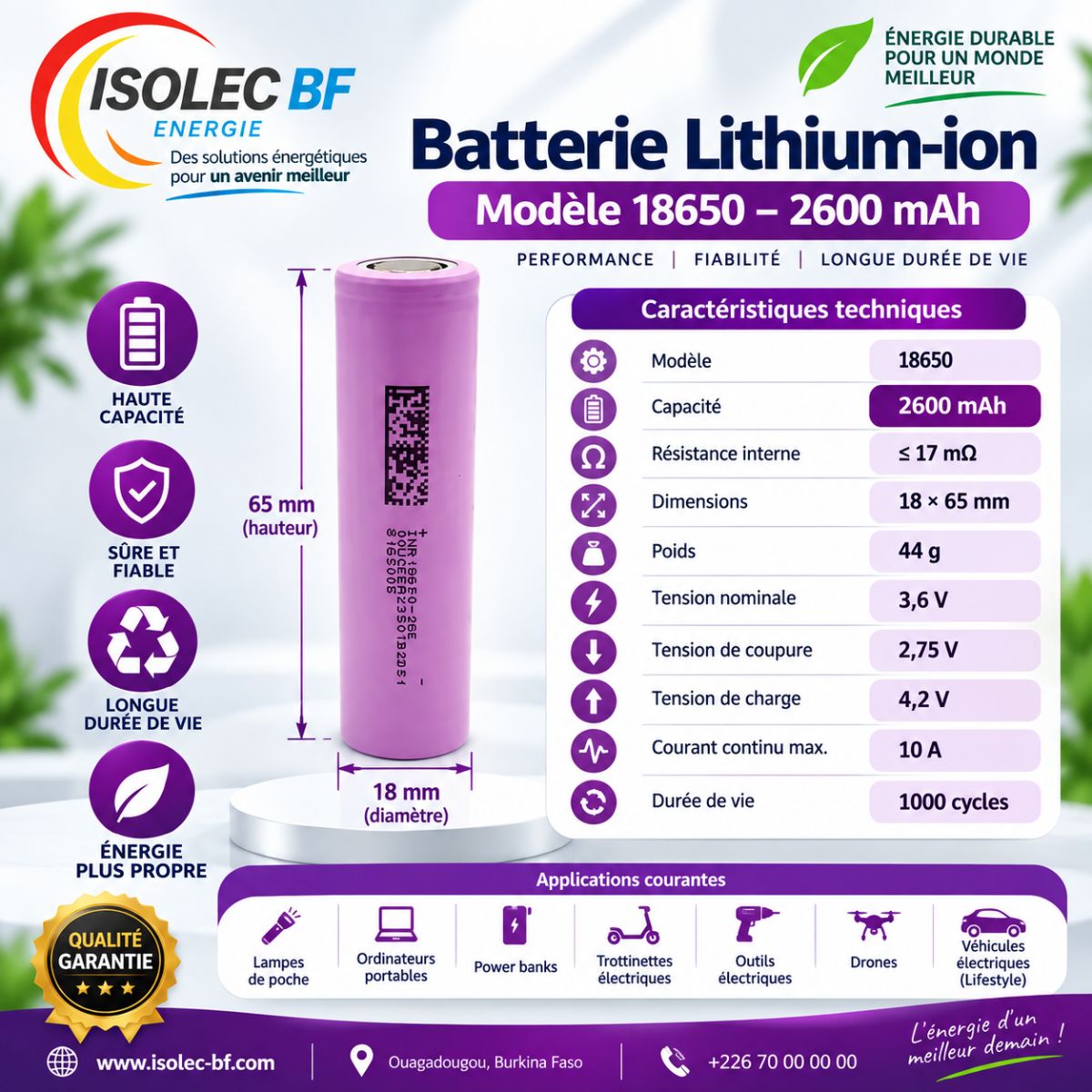 Cellule  batterie lithium ion cylindrique 18650 3,6V 2600mAh 2