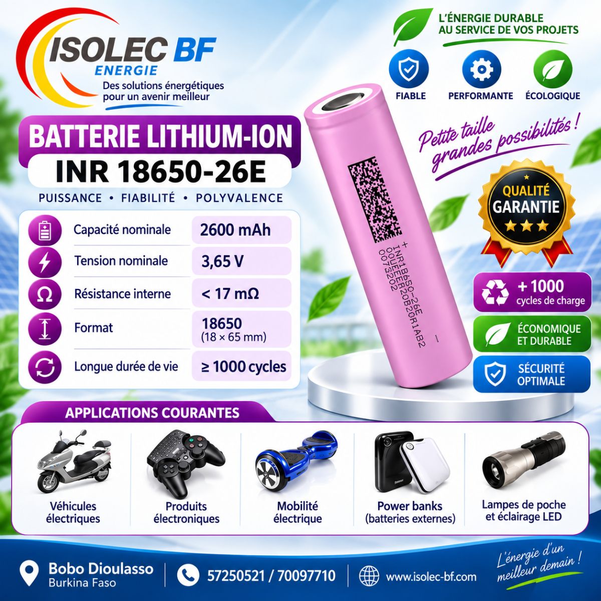 Cellule  batterie lithium ion cylindrique 18650 3,6V 2600mAh 3