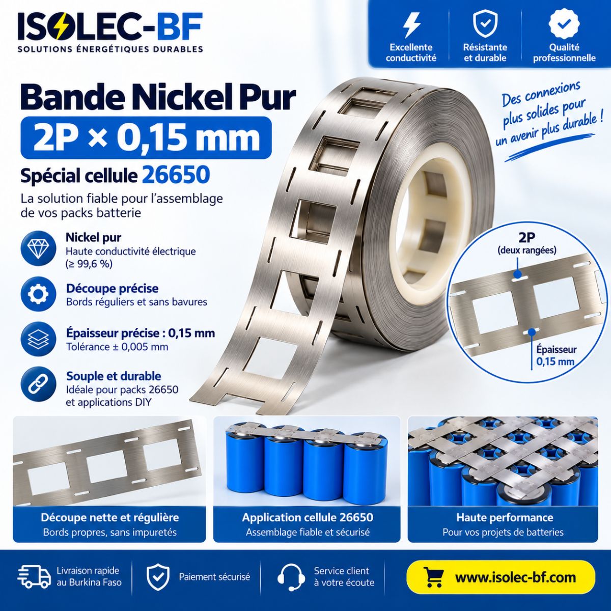 bande nickel pur 1m (0,15mmx2P) 26650/26700 2